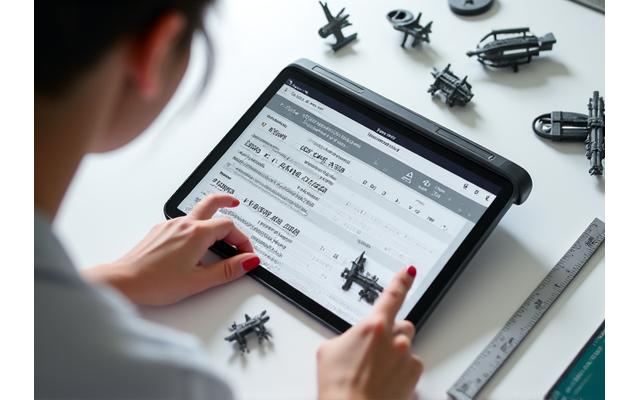 Hand using a digital scale converter tool alongside miniature parts